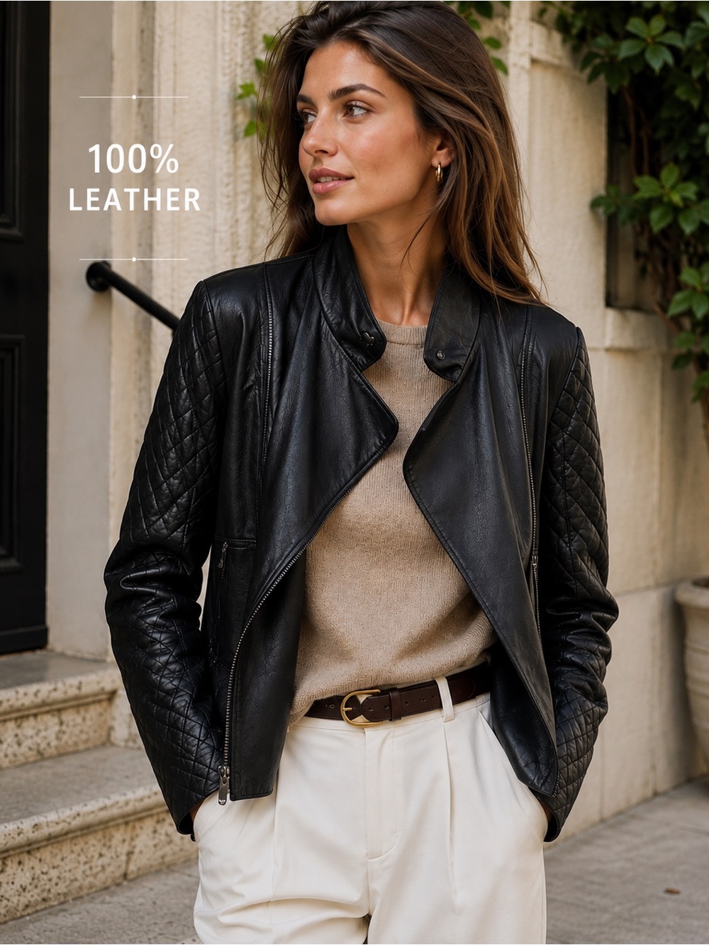 WORTH New York 100% Genuine Leather Quilted Moto Jacket Black Size 16